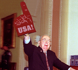 Sen. Jesse Helms (R-NC) taunts a group of visiting French dignitaries.